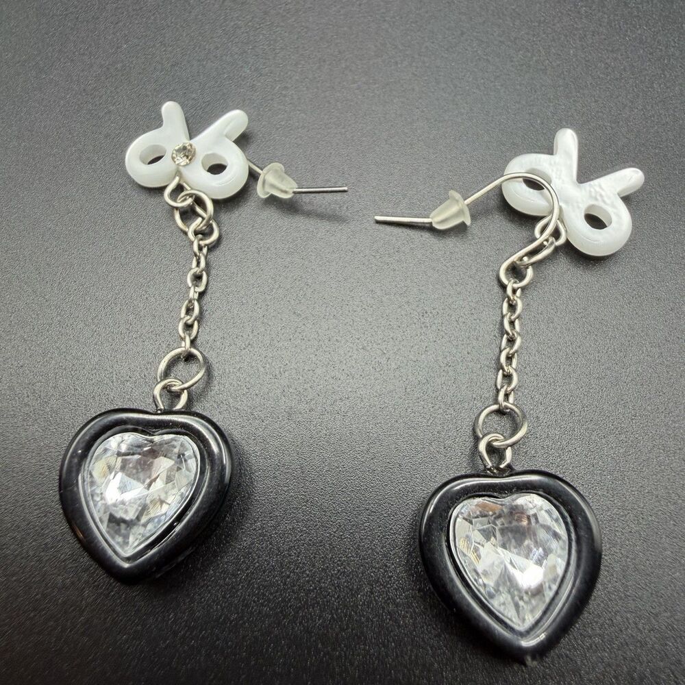 Y2K Black Heart White Bow Dangle Drop Earrings Silver Tone Rhinestone Coquette